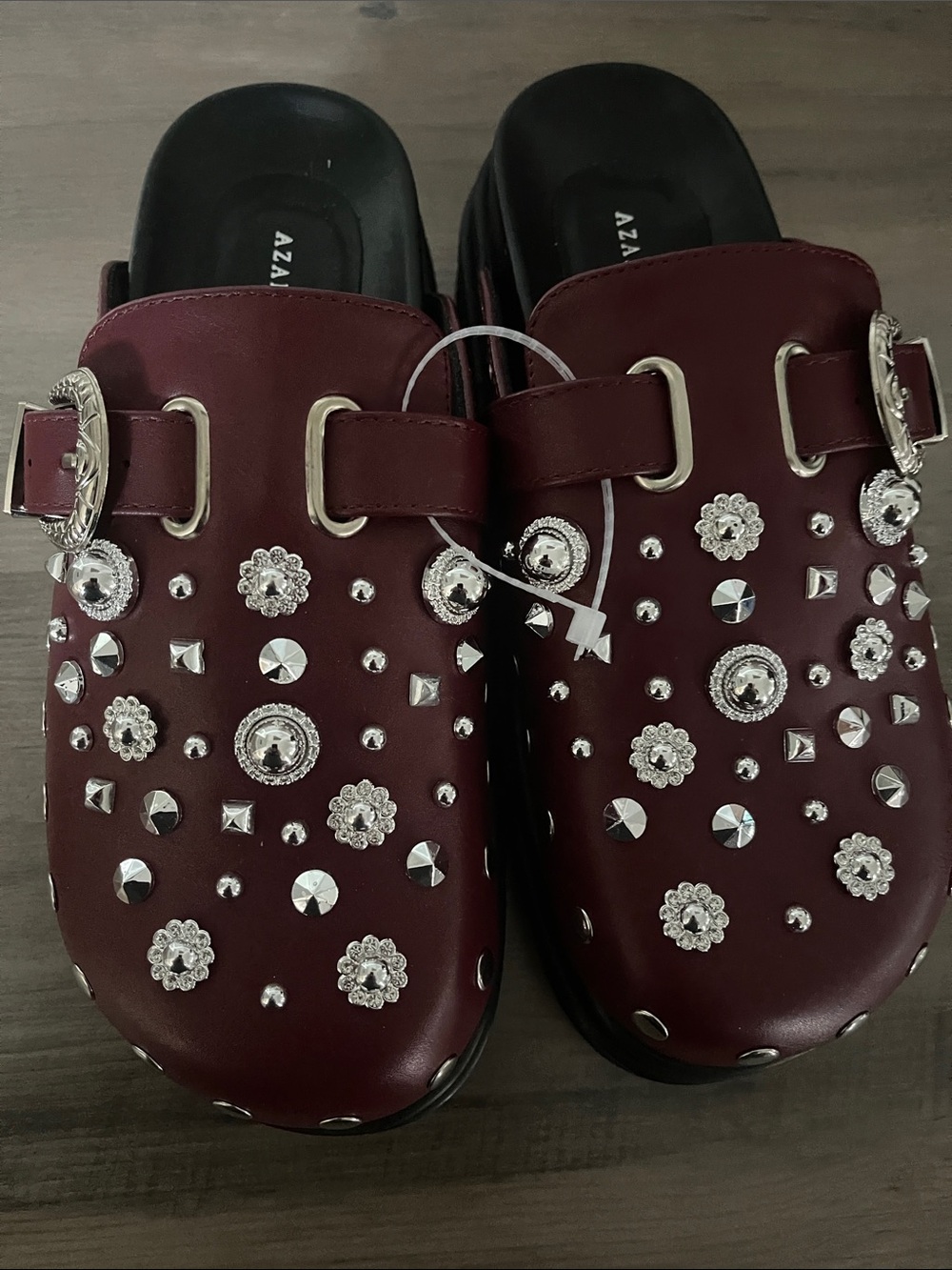 Embellished Burgundy Slip-On Clogs with Buckle Detail